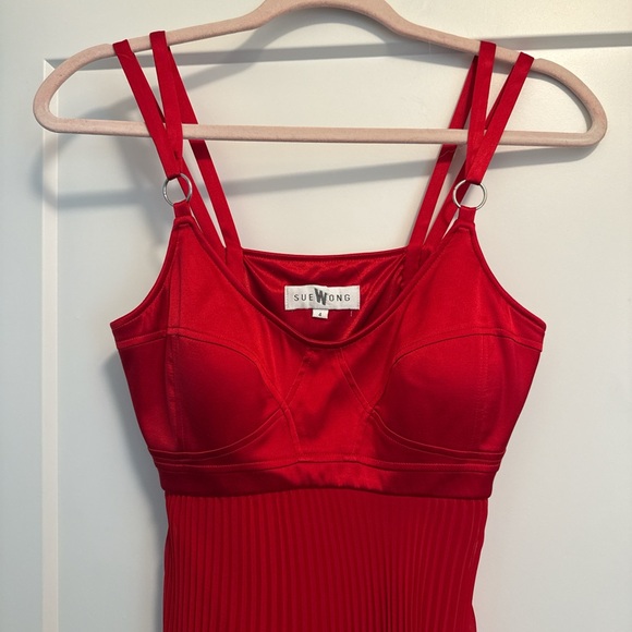 Vintage Sue Wong Satin Pleated Chiffon Red Handkerchief Corset Top Dress - Picture 2 of 5